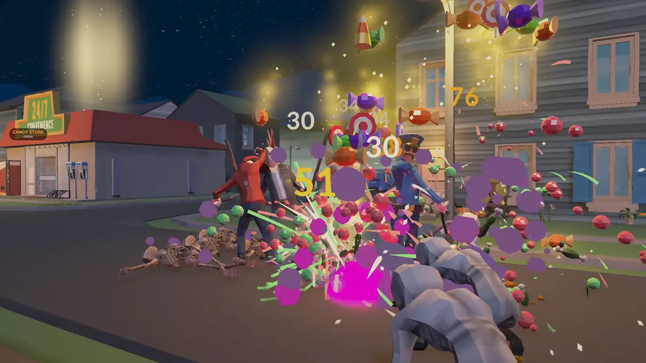 Candy bursting from a crowd of monsters on a neighbourhood street