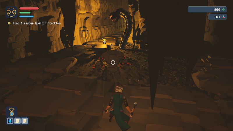 A cleric exploring glowing orange caves with a stone golem ahead
