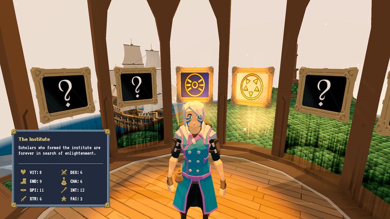 Character creation screen showing The Institute class and its stats