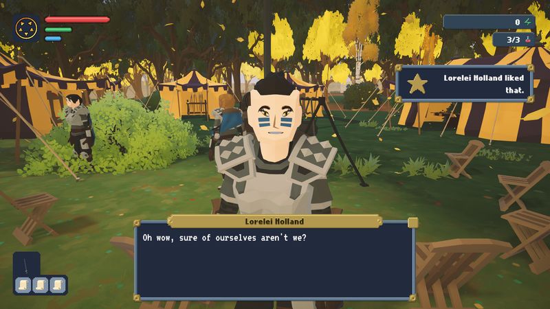 Conversation with an NPC in a tent camp who liked your answer