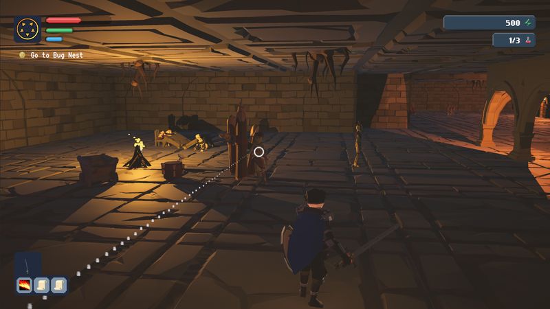 A knight with sword and shield exploring a torch-lit stone dungeon
