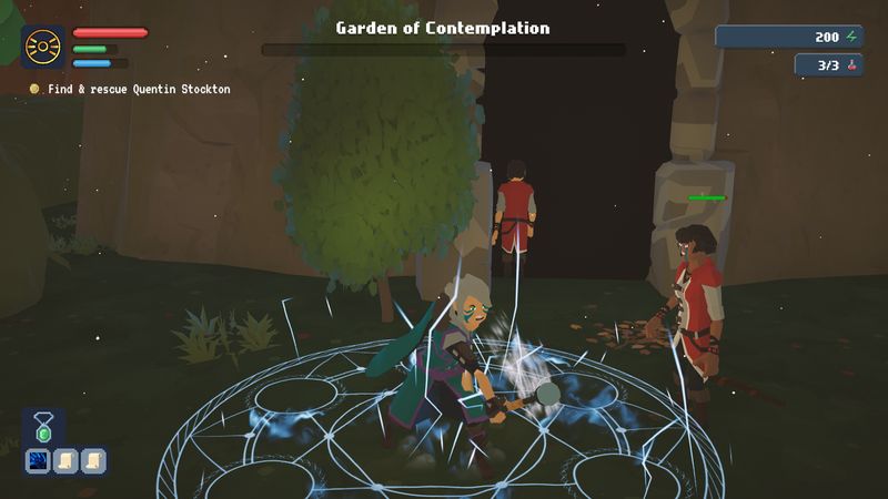A mage casting a glowing spell circle in the Garden of Contemplation