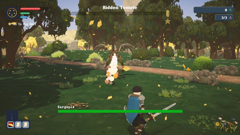 Fighting a winged gargoyle on a forest path near the Hidden Temple