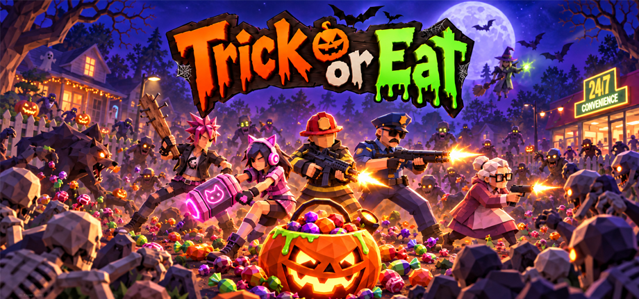 Trick or Eat key art: four costumed heroes fight through a candy-strewn Halloween street