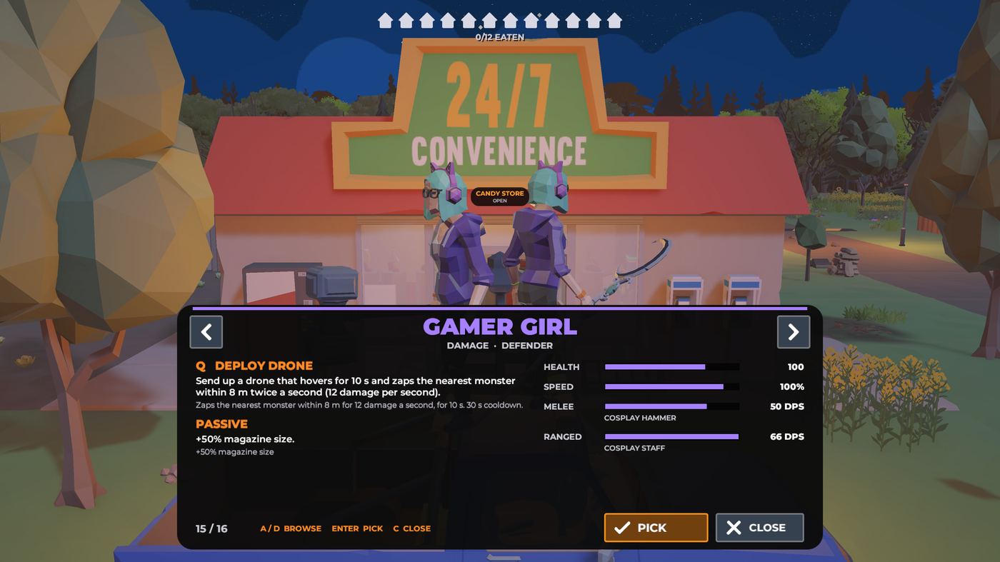 The class roulette screen, showing the Gamer Girl class with her Deploy Drone ability and stats